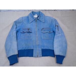 Vintage 70s Western Denim Full Zip Jacket Pockets Yellow Stitch Lined S Trucker